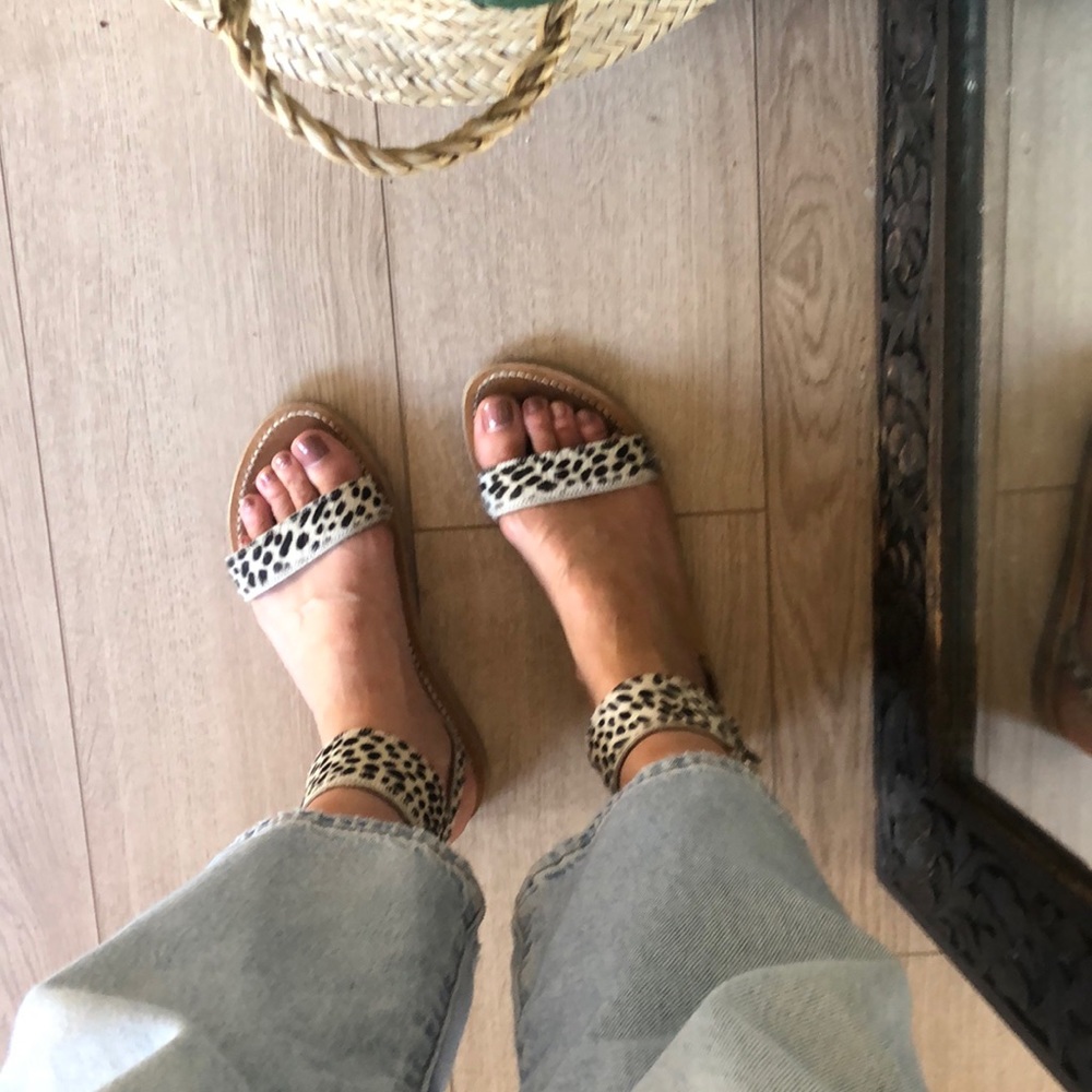 K jacques calf hair and leather leopard print sandals